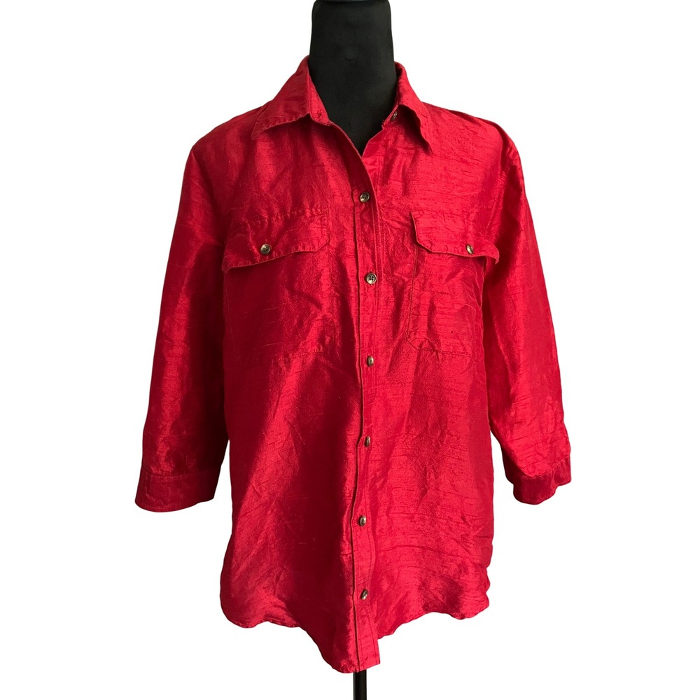 Lauren Ralph Lauren Silk Button Down 3/4 Sleeve Blouse Womens Red Size Large
